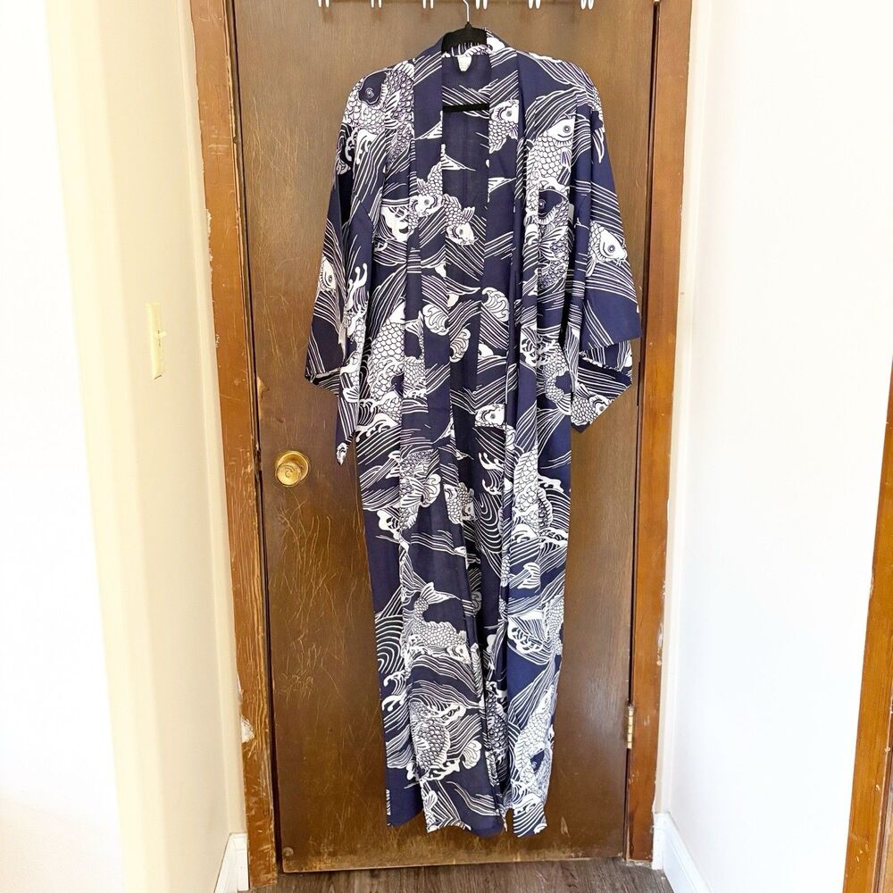 Koi Fish Kimono Robe Navy White Made In Japan Size 58 100% Cotton